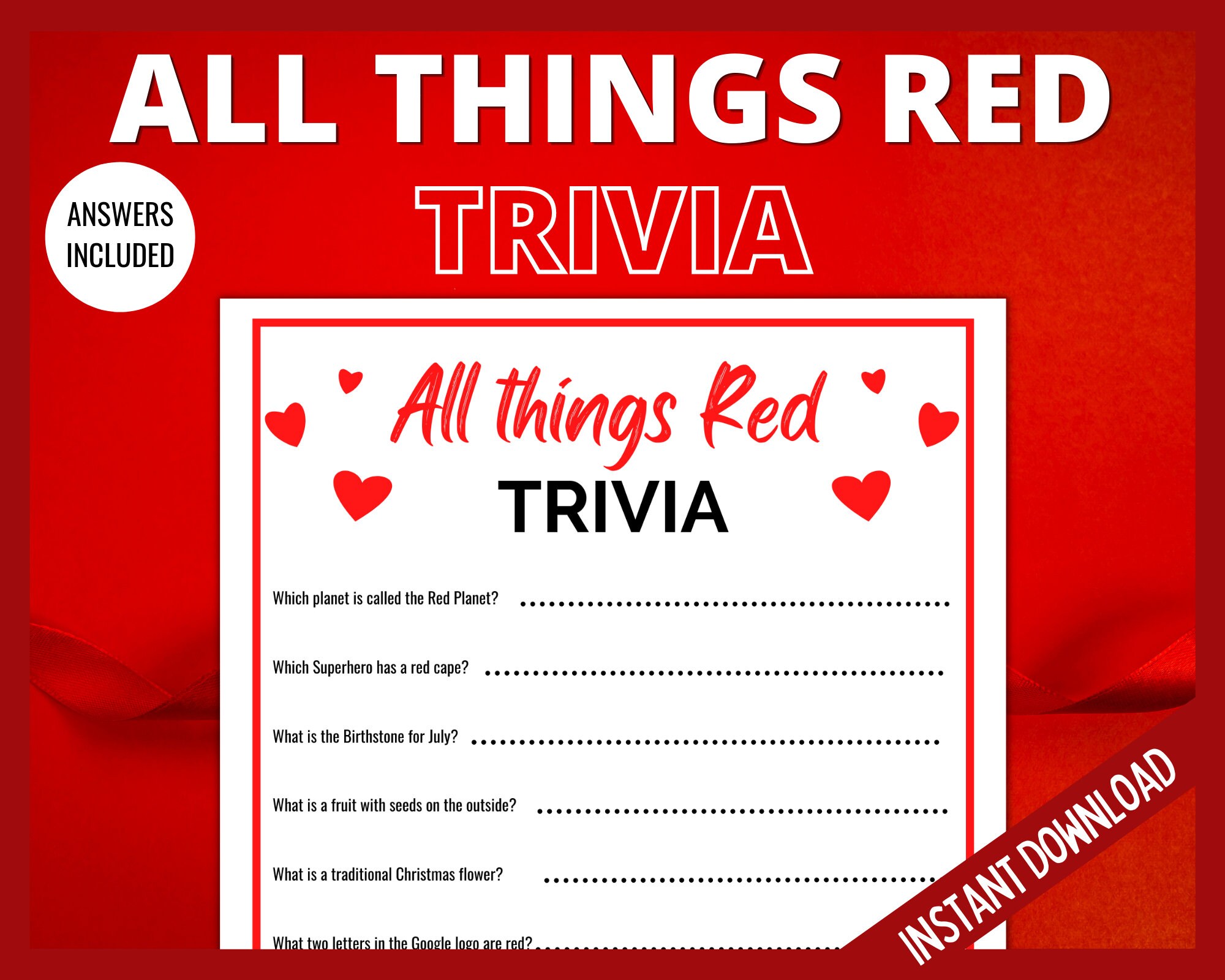 Valentines Day Color Red Trivia Game Kids Valentines - Etsy