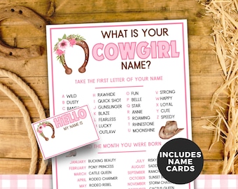 What's your Cowgirl Name Game, Printable Cowgirl Party Game, Western Birthday Party Fun game, Cowgirl name tag, Icebreaker, Wild West, Rodeo