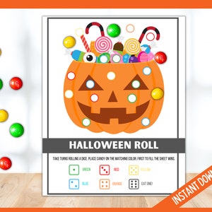 Rouler un jeu de dés de bonbons d'Halloween, jeux imprimables d'Halloween pour les enfants, jeu de dés de bonbons à la citrouille de fête d'Halloween, jeux d'Halloween pour les préadolescents image 2