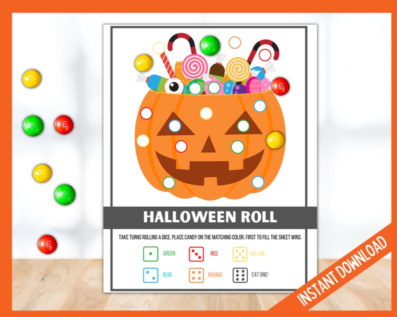 Rouler un jeu de dés de bonbons d'Halloween, jeux imprimables d'Halloween pour les enfants, jeu de dés de bonbons à la citrouille de fête d'Halloween, jeux d'Halloween pour les préadolescents image 2