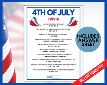 4th of July Trivia Game, 4th of July Trivia Quiz, 4th of July Party Games, Printable Games, Fourth of July Games,  Family Quiz Printable