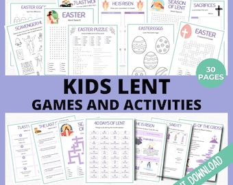 May include: A set of 30 printable pages of kids' games and activities for Lent. The pages feature a variety of activities, including word searches, puzzles, coloring pages, and more. The pages are designed to help children learn about the meaning of Lent and the importance of prayer, fasting, and almsgiving.