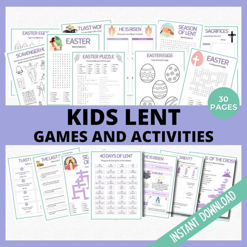 Op de afbeelding: Een set van 30 printbare pagina's met kinderspellen en activiteiten voor de vasten. De pagina's bevatten een verscheidenheid aan activiteiten, waaronder woordzoekers, puzzels, kleurplaten en meer. De pagina's zijn ontworpen om kinderen te helpen de betekenis van de vasten en het belang van gebed, vasten en aalmoezen te leren.