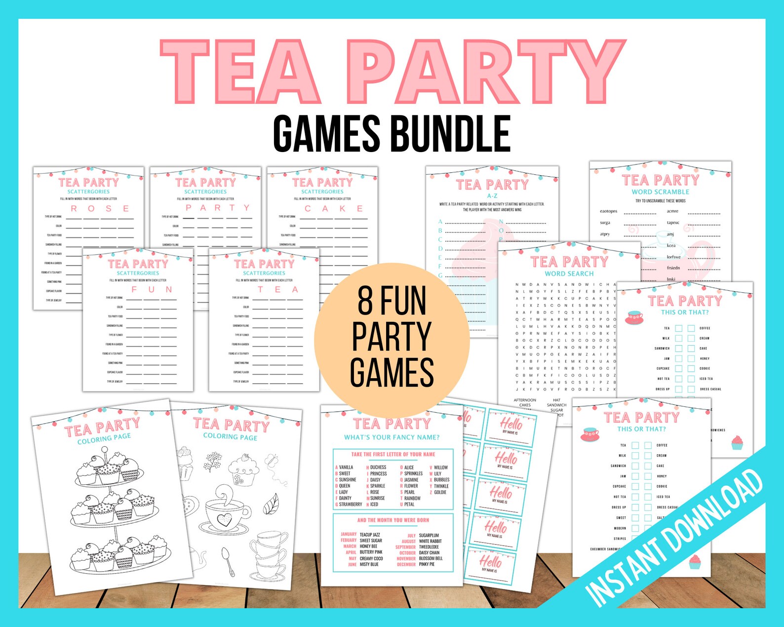 Tea Party Printable Games Bundle 8 Tea Party Fun Games - Etsy