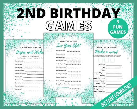 Second Birthday Party Games Green, Who Knows the Two year old, Hopes and Wishes Party Game, Make a Word Game, 2nd Birthday Party Games Il_570xn
