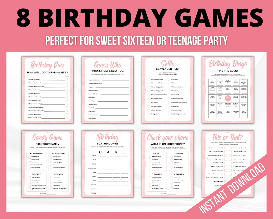 Birthday Party Games Bundle, Sweet 16 Birthday Games for Her, Teen