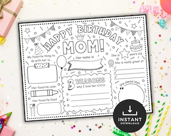 Happy Birthday Mom Coloring Page, Printable All About My Mom Placemat, Mom Card, Mother's Birthday Activity, Mommy Fill In Template