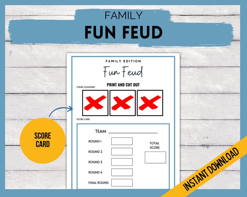 Puede incluir: Juego de mesa Fun Feud edici&oacute;n familiar imprimible con contadores de strikes rojos y una tarjeta de puntuaci&oacute;n. El juego incluye rondas para que cada equipo juegue.