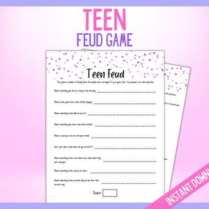 Teen Fehde Spiel, lustige Teen Spiele, Teenager Fehde Spiel, Teen Party Quiz, rosa Teenager Geburtstag druckbar, Teen Geburtstag, Familien Quiz