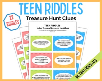 May include: A printable set of 22 teen riddles for an indoor treasure hunt. The riddles are printed on colorful cards with a light blue, light green, orange, and pink background. The text on the cards reads "TEEN RIDDLES Indoor Treasure/Scavenger Hunt Clues Cut out the cards and place them in the correct places around the house."