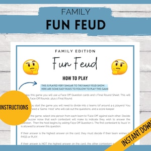 Puede incluir: Un tablero de juego imprimible para un juego familiar llamado "Fun Feud". El tablero tiene un fondo azul con texto blanco y un borde amarillo y naranja. El texto en el tablero dice "Family Edition Fun Feud" y "C&oacute;mo jugar". El tablero tambi&eacute;n incluye instrucciones sobre c&oacute;mo jugar el juego.