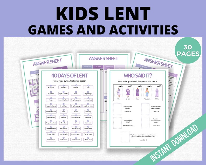 Op de afbeelding: Een set met printbare werkbladen voor kinderen om te leren over de vasten. De werkbladen bevatten activiteiten zoals een woordzoeker, een matchspel en een "Wie zei het?"-spel. De werkbladen zijn ontworpen om te worden gebruikt tijdens de vastenperiode.