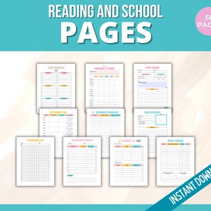 Puede incluir: Un conjunto de p&aacute;ginas imprimibles para la lectura y la escuela, con una variedad de plantillas coloridas y organizadas. Las p&aacute;ginas incluyen secciones para rese&ntilde;as de libros, registros de lectura, listas de vocabulario y m&aacute;s. El texto "50 PAGES" se muestra en un c&iacute;rculo rosa en la esquina superior derecha de la imagen.