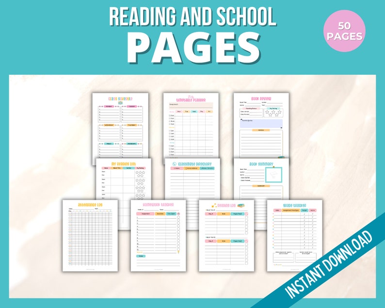 Puede incluir: Un conjunto de p&aacute;ginas imprimibles para la lectura y la escuela, con una variedad de plantillas coloridas y organizadas. Las p&aacute;ginas incluyen secciones para rese&ntilde;as de libros, registros de lectura, listas de vocabulario y m&aacute;s. El texto "50 PAGES" se muestra en un c&iacute;rculo rosa en la esquina superior derecha de la imagen.