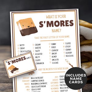 What&#39;s your S&#39;mores Name game, Printable smores party game, Camping Activity, Camping Party, S&#39;mores birthday party name tags, Smores name