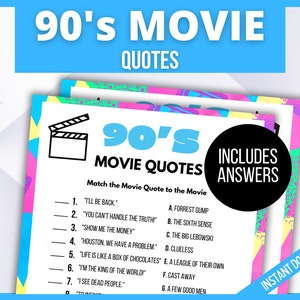 1990s Movie Quotes, 90s movie quiz, 90s Printable Party Game, 1990s Trivia, Nineties Party, Back to the 90s, Millennial Birthday