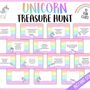 Caça ao tesouro de unicórnio para crianças, pistas de caça ao tesouro de unicórnio, jogos de festa de unicórnio, caça ao tesouro de aniversário de unicórnio, itens para impressão de aniversário de menina