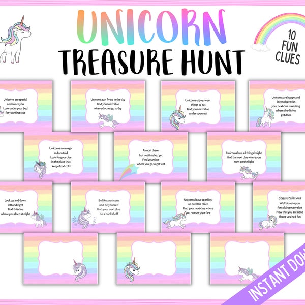 Unicorn Treasure Hunt for Kids, Unicorn Scavenger Hunt Clues, Unicorn Party Games, Unicorn Birthday Treasure Hunt, Girl Birthday Printables