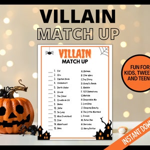 Movie Villain Match up, Halloween Printable Game, Halloween Trivia, Halloween Party Quiz, Kids, tween, teen Halloween Game image 1