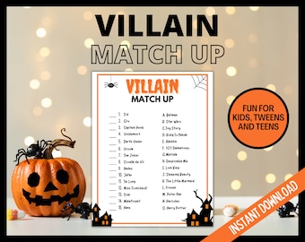 Movie Villain Match up, Halloween Printable Game, Halloween Trivia, Halloween Party Quiz, Kids, tween, teen Halloween Game