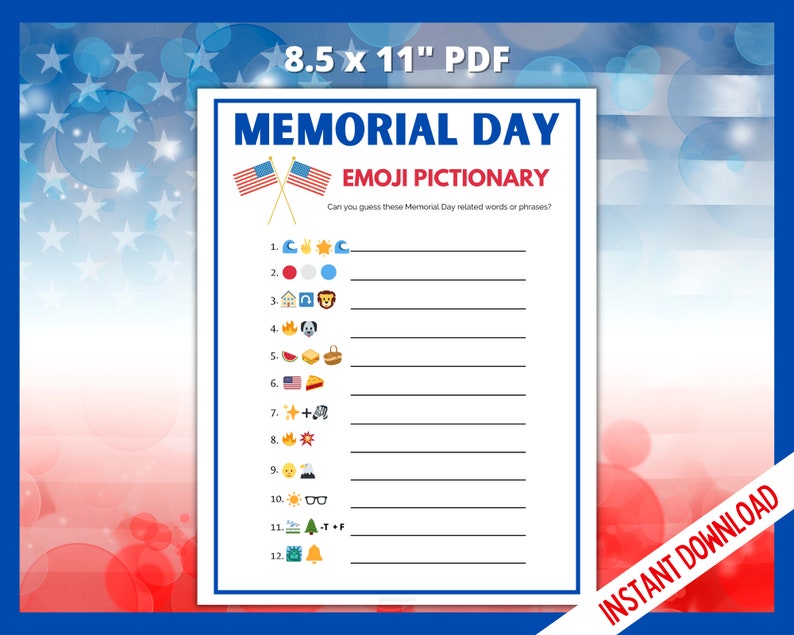 Memorial Day Emoji Game Emoji Pictionary Game Memorial Day Etsy Finland