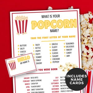 Popcorn Name Game Printable, What is your Popcorn Name, Popcorn Birthday Party Game for Kids, Tweens, Adults, Popcorn Name Tags