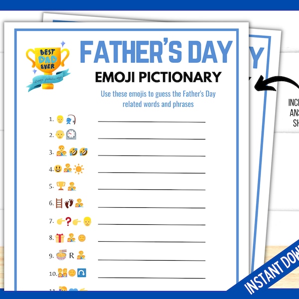 Father's Day Emoji Pictionary, Dad Game, Fathers Day Printable Games for Kids, Teens and Adults, Family Quiz, Father's Day Activities