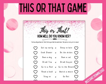 This or That Birthday Party Game, Adult Birthday Party Games, How Well Do You Know Her Party Game, Fun Birthday Games for Women, Teen games