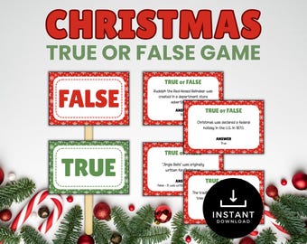 May include: A Christmas True or False game with red and green cards. The cards display "TRUE" and "FALSE" answers, along with holiday trivia questions. The words "CHRISTMAS TRUE OR FALSE GAME" are at the top. The image includes Christmas decorations.