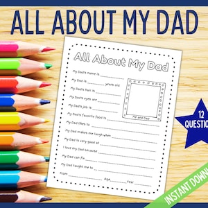 Alles over mijn vader, vaderdagcadeau-idee, afdrukbare kleurenvragenlijst en kaart voor papa, kindercadeau Alles over papa, vaderdagkaart