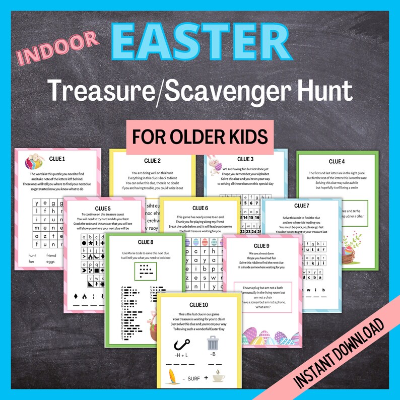 May include: A printable Easter scavenger hunt designed for older children. The colourful cards feature a range of puzzles and riddles, including word searches, mazes, and code-breaking challenges. The cards are decorated with Easter-themed graphics, such as eggs, bunnies, and baskets.