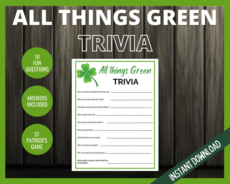 All Things Green Trivia, St Patrick's Day Green Trivia, St Patricks Day Games, Teen St Patricks Day, St Paddy's Party Games, Trivia Game image 2