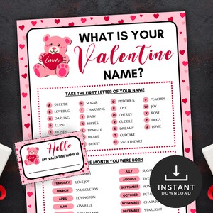 What&#39;s your Valentine Name Game, Printable Valentine Party Game, Printable Party Fun game, Valentine name tag, Icebreaker