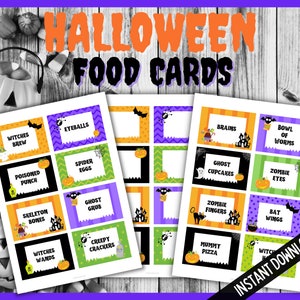 Afdrukbare Halloween-voedselkaart, Halloween-feestvoedselkaarten, voedseletiketten, Halloween-buffetkaarten, Halloween-verjaardagsvoedselplaatskaarten