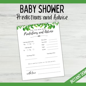 Jeu de prédiction de douche de bébé, prédictions de bébé et cartes de conseils, douche de bébé neutre entre les sexes, conception de verdure, jeux de douche de bébé imprimables