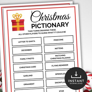 Cartões Pictionary de Natal, Festa de Natal, Jogos de Natal para Imprimir, Jogo de Natal para a Família, Atividade de Férias, Diversão para a Família na Véspera de Natal