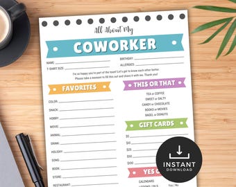 All About My Coworker, Get to Know You Questionnaire, Favorite Things, Employee Printable Questions, Team Building Activity, Work Survey