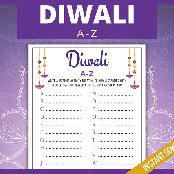 Diwali A-Z, druckbare Diwali-Spiele für Jugendliche und Erwachsene, lustige Diwali-Aktivität