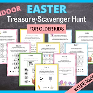 May include: A printable Easter scavenger hunt for older children. The colourful cards feature clues with word searches, mazes, and riddles. The clues are numbered 1 through 10. The last card says "Instant Download".