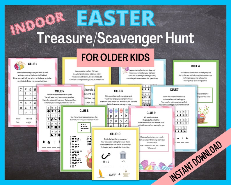 May include: A printable Easter scavenger hunt for older children. The colourful cards feature clues with word searches, mazes, and riddles. The clues are numbered 1 through 10. The last card says "Instant Download".