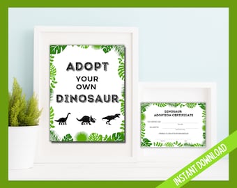 Adoptez un certificat d’adoption de dinosaure, un jeu de fête d’anniversaire de dinosaure, un panneau de fête de dinosaure, un certificat d’adoption de dinosaure, un animal de compagnie de dinosaure