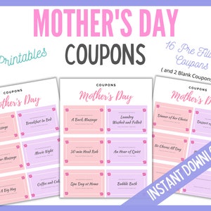 Pretty Mother&#39;s Day Coupon Gift, Mother’s Day Coupons, Mother’s Day Gift, Mom Day Coupons, Printable Coupons, Instant Download