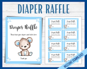 Baby Shower Diaper Raffle, Printable Baby Shower Diaper Raffle Tickets and Sign, Baby Bear Blue Diaper Raffle Cards, DIY Diaper Raffle