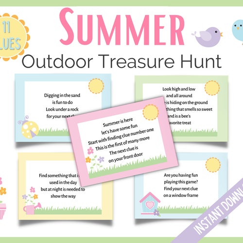 Summer Treasure Hunt Clues, Outdoor Treasure Hunt Clues, Summer Scavenger Hunt, Fun Summer Games, Kids Games, Summertime Games