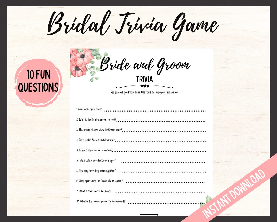 Bride and Groom Trivia, Bridal Shower Trivia Game, Bridal Shower Games