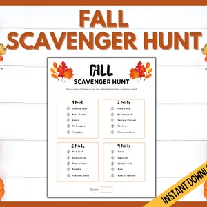 May include: A printable Fall Scavenger Hunt game list with a watercolor background. The list includes items to find outdoors in the fall, such as orange leaves, pine cones, rain boots, acorns, red apples, pumpkins, red leaves, scarecrows, tree stumps, puddles, flannel shirts, cars, squirrels, spider webs, bugs, and piles of leaves. The game is scored with points for each item found.