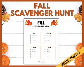 Fall Scavenger Hunt, Printable Autumn Party Games, Fall Activities for Adults & Kids, Harvest Games, Halloween, Thanksgiving Games