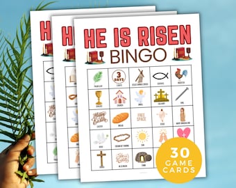 OsterBingo Spiel, Er ist auferstanden Bingo, Oster Klassenzimmer, Auferstehung Gruppenspiel, 30 druckbare Bingokarten, Kirche, religiöses, katholisches Spiel