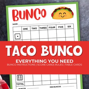 Taco Bunco Printable Party Pack and Scorecards, Bunco Game Rules, Tally Sheet, Download, Mexican Party Game, Dice Game, Taco Tuesday