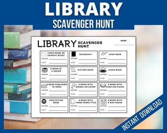 Library Scavenger hunt, Printable School Book Scavenger Hunt, Kids Treasure Hunt, Library Games, Kids Book Activity